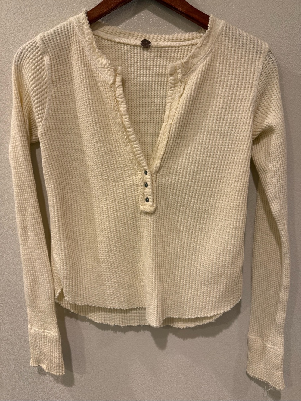 Free People Colt Waffle-Knit Long-Sleeve Waffle Knit Henley Top in Ecru